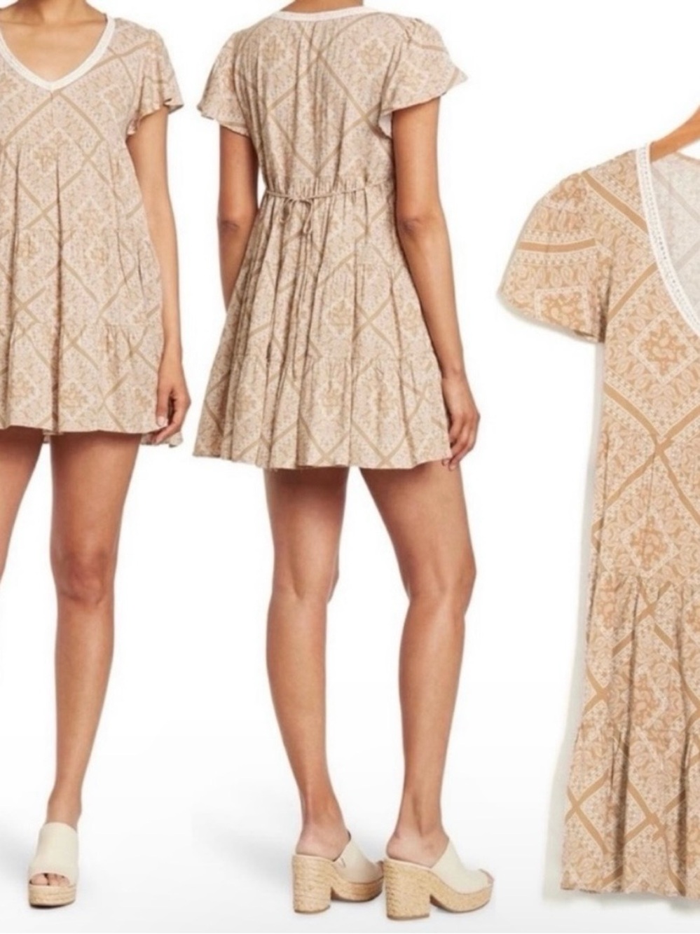 New LunaChix Ellie Ruffled Tan Bandana Print Shift Mini Dress Size Small